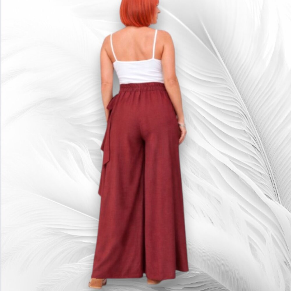 Burgundy High Waist Wide Leg Palazzo Pants Wrap Detail Elastic Back - Picture 2 of 10